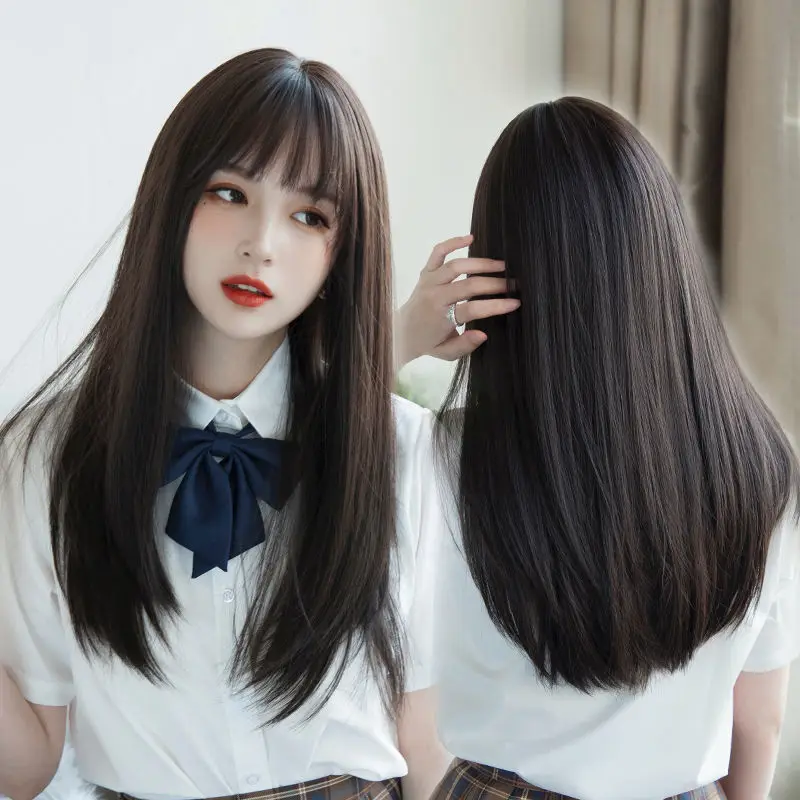Korea Hair Extensions Synthetic Cute JK Girl Cosplay Air Bangs Wig Breathable Head Cover 50cm Long Straight Wig Hat for Women thumbnail 4