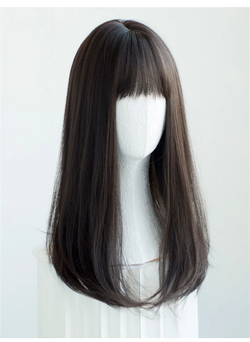 Korea Hair Extensions Synthetic Cute JK Girl Cosplay Air Bangs Wig Breathable Head Cover 50cm Long Straight Wig Hat for Women thumbnail 6