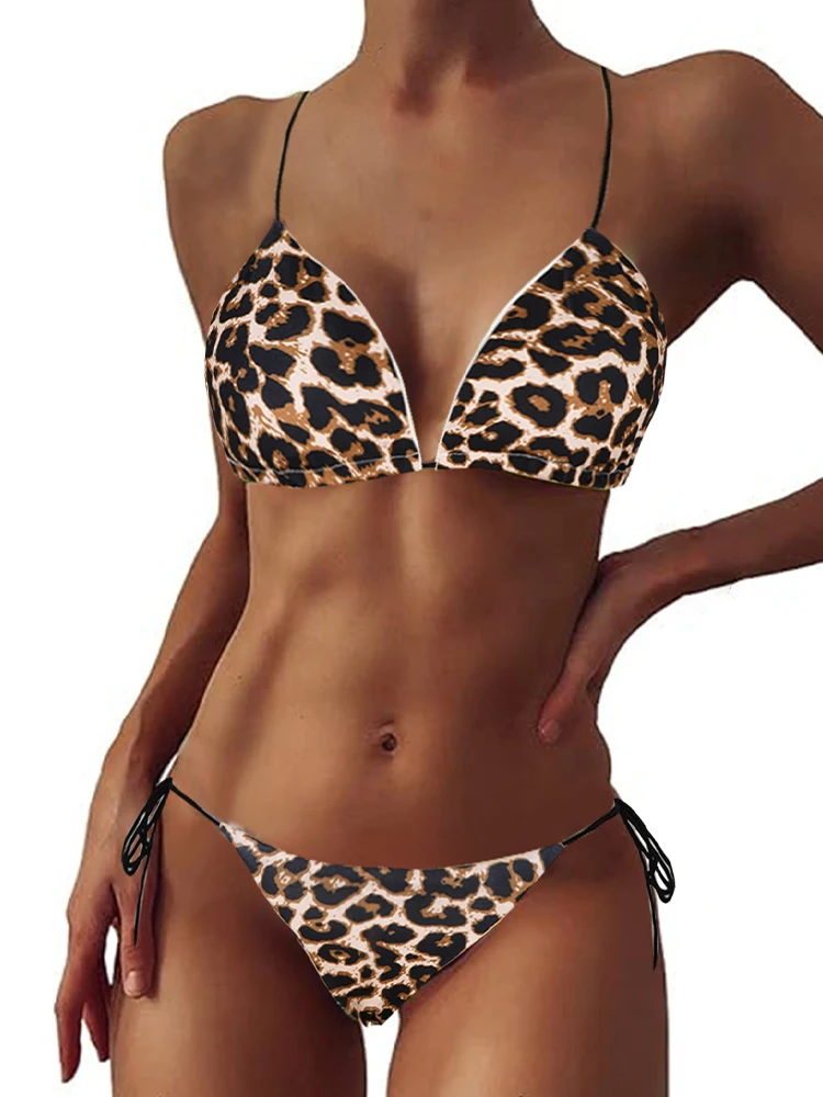 2 Pcs/Set Bikini Set Sexy Bikinis Bathing Suit Solid Color Halter Neck Strap Thong Women Swimsuit Set for Beach Swimwear thumbnail 2