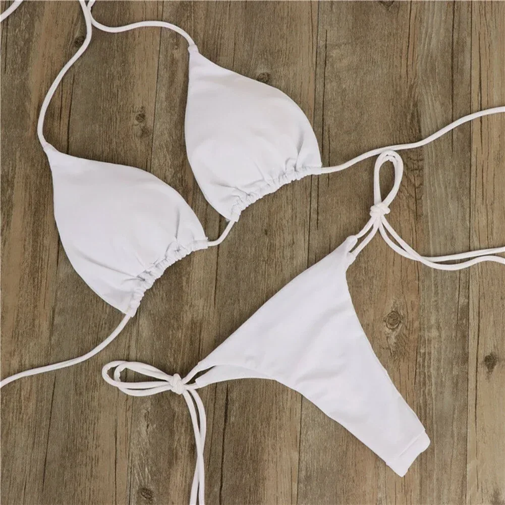 2 Pcs/Set Bikini Set Sexy Bikinis Bathing Suit Solid Color Halter Neck Strap Thong Women Swimsuit Set for Beach Swimwear thumbnail 3