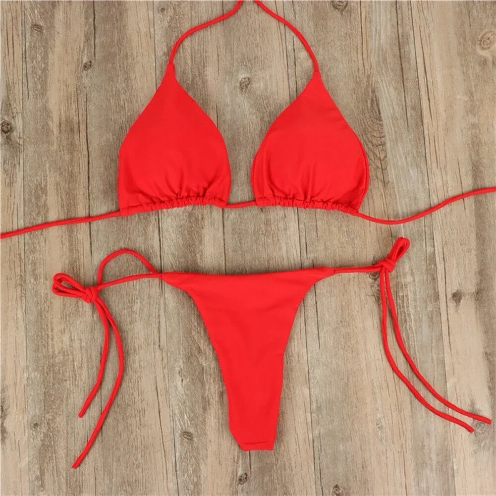 2 Pcs/Set Bikini Set Sexy Bikinis Bathing Suit Solid Color Halter Neck Strap Thong Women Swimsuit Set for Beach Swimwear thumbnail 4