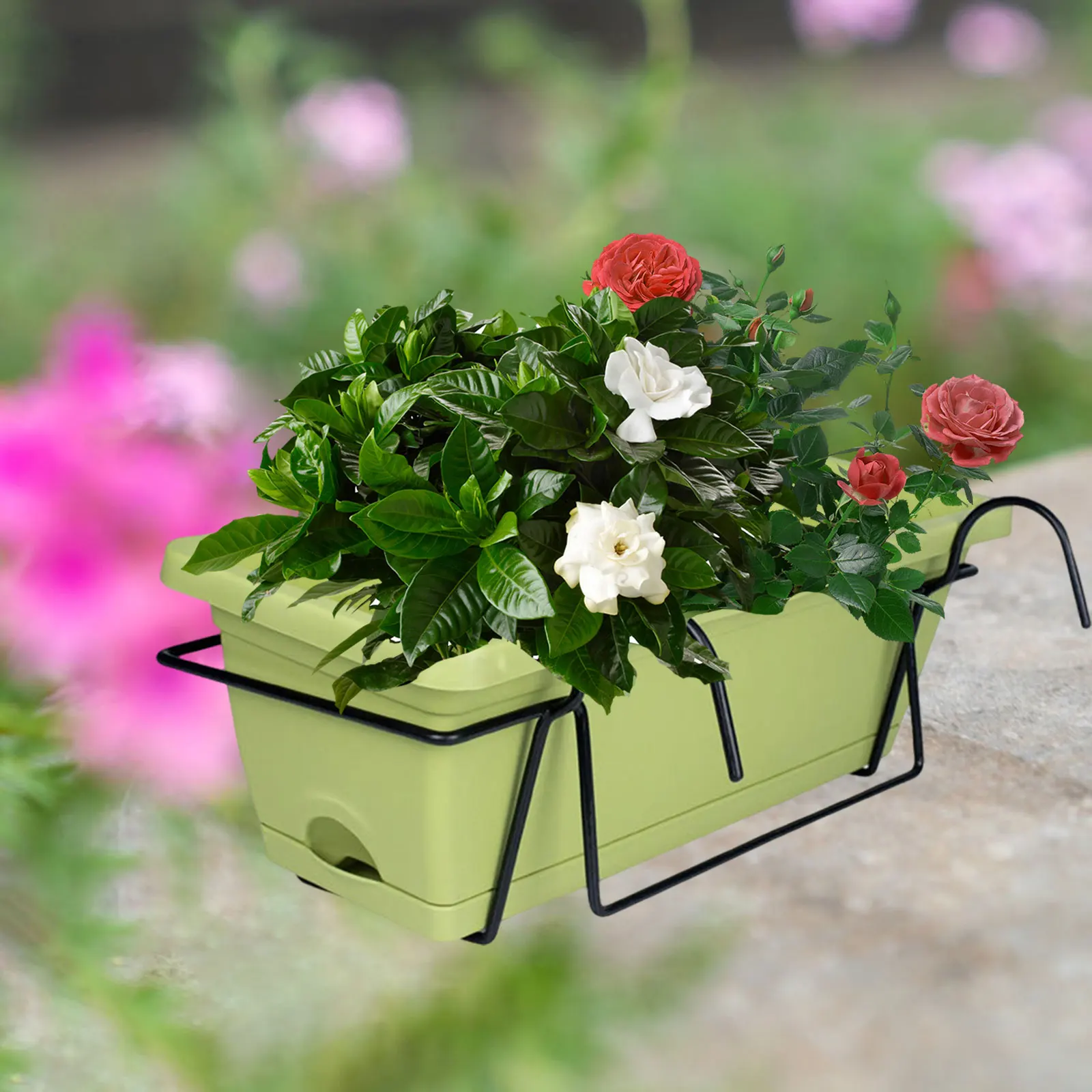 Balcony Railing Planter Plant Basket Fence Planter with Rack and Tray Flowerpot Window Box Planter for Deck Yard Countryside thumbnail 4