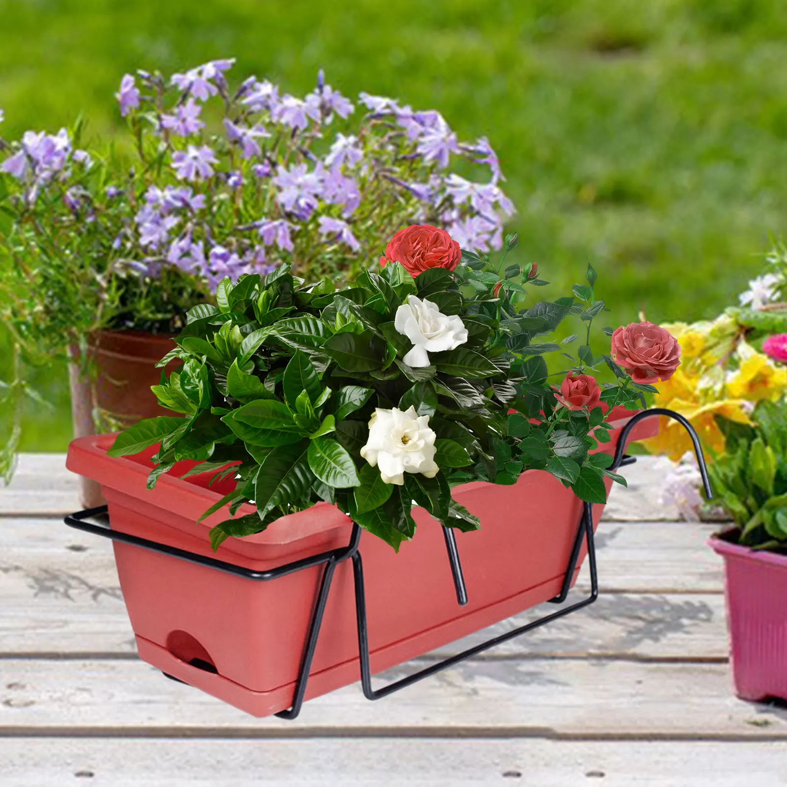 Balcony Railing Planter Plant Basket Fence Planter with Rack and Tray Flowerpot Window Box Planter for Deck Yard Countryside thumbnail 3
