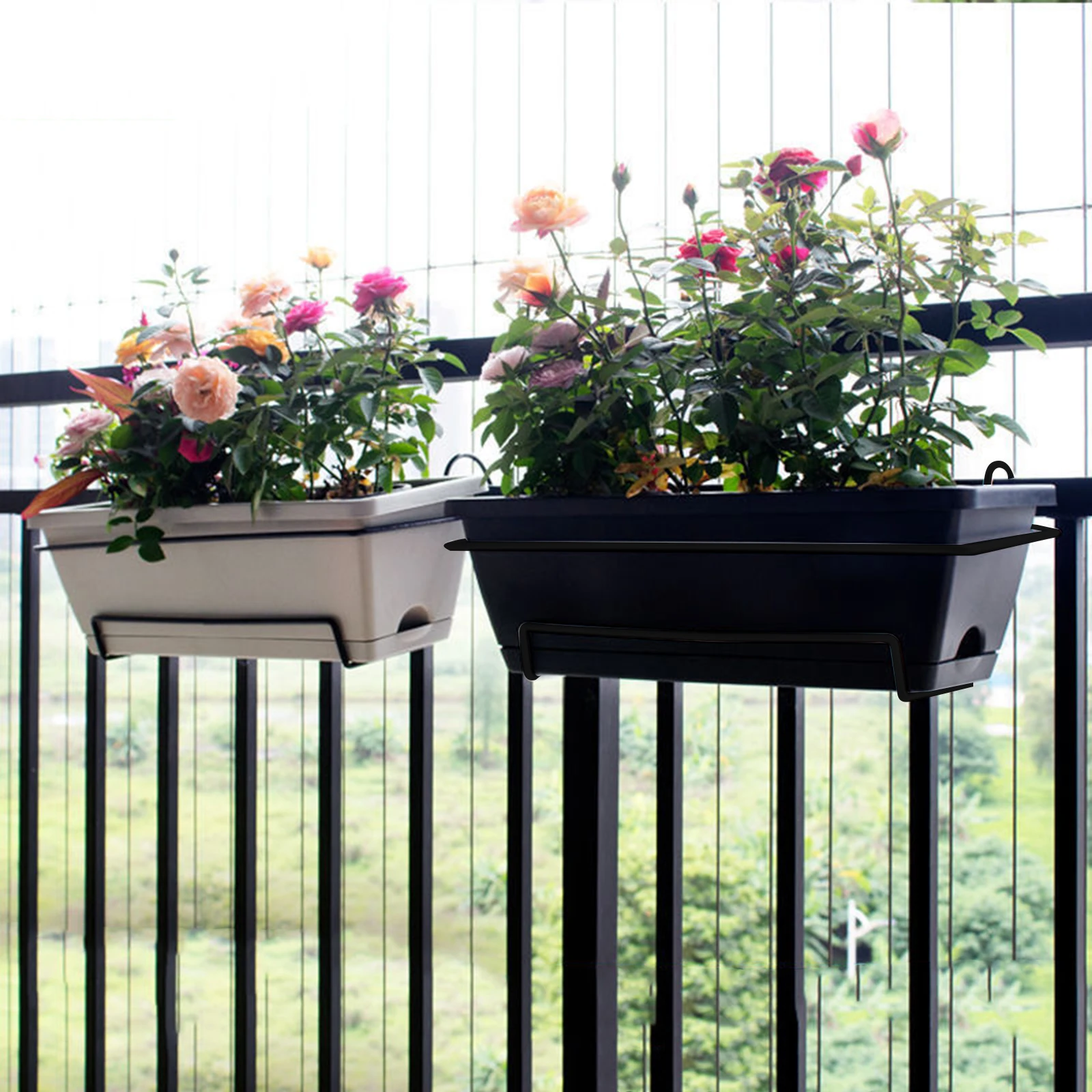 Balcony Railing Planter Plant Basket Fence Planter with Rack and Tray Flowerpot Window Box Planter for Deck Yard Countryside thumbnail 2