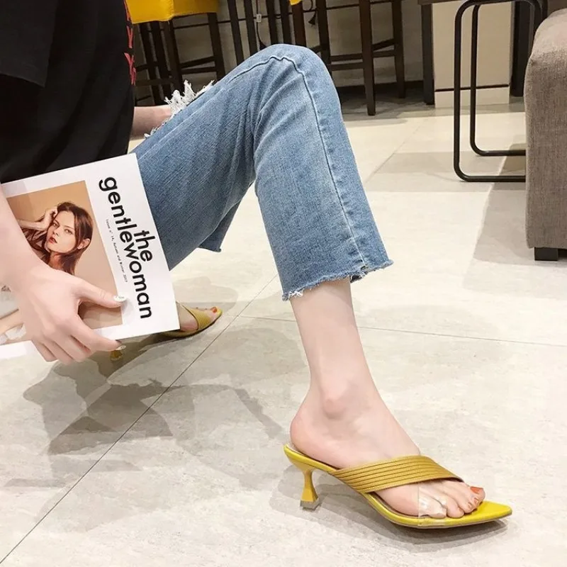 Summer Women Yellow Green Beige Pumps Sandals For Ladies Sexy Mules High Heels Slip-on Slippers Slides Shoes New 2024 thumbnail 2