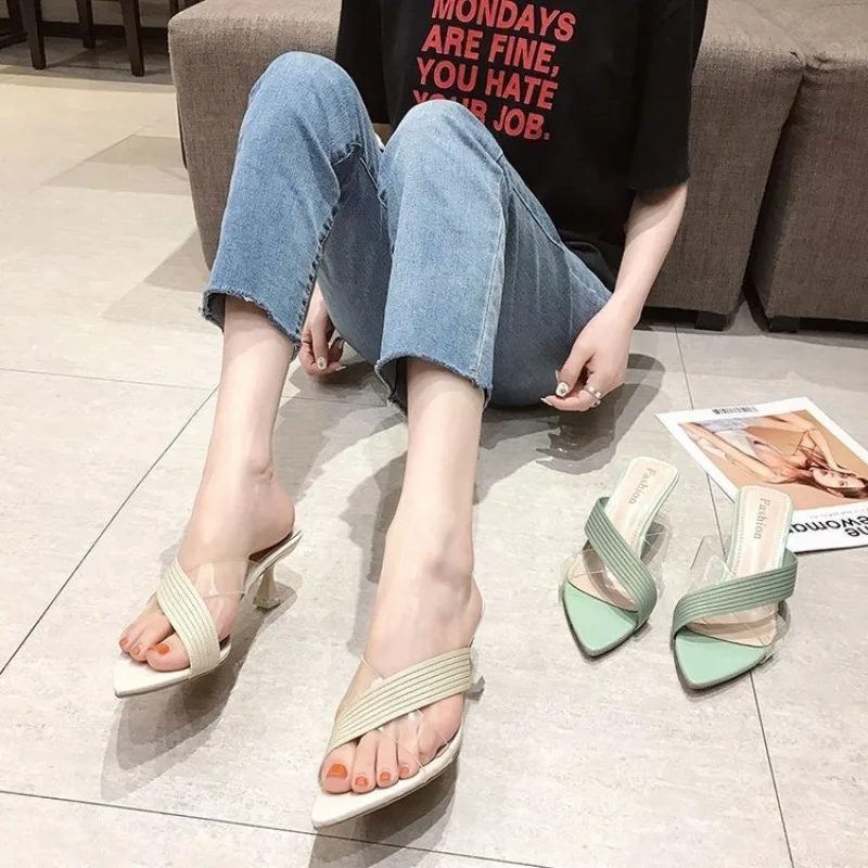 Summer Women Yellow Green Beige Pumps Sandals For Ladies Sexy Mules High Heels Slip-on Slippers Slides Shoes New 2024 thumbnail 6