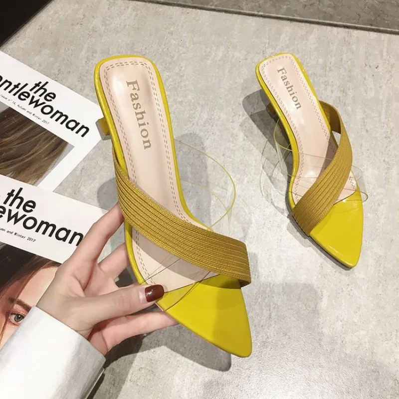 Summer Women Yellow Green Beige Pumps Sandals For Ladies Sexy Mules High Heels Slip-on Slippers Slides Shoes New 2024 thumbnail 3