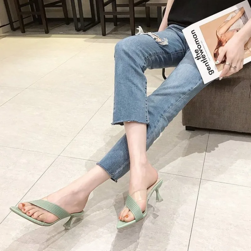 Summer Women Yellow Green Beige Pumps Sandals For Ladies Sexy Mules High Heels Slip-on Slippers Slides Shoes New 2024 thumbnail 5
