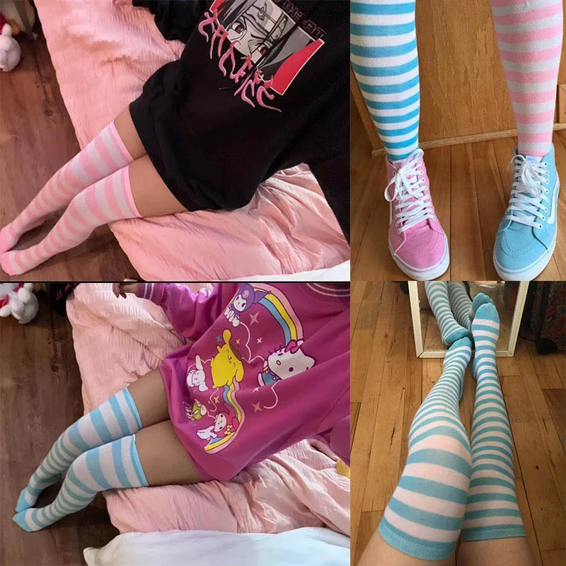 Color Striped Stockings Japanese Over Knee Socks Fashion Women Keep Warm Soks Sexy Slim Long Soks Black White Striped Hosiery thumbnail 2