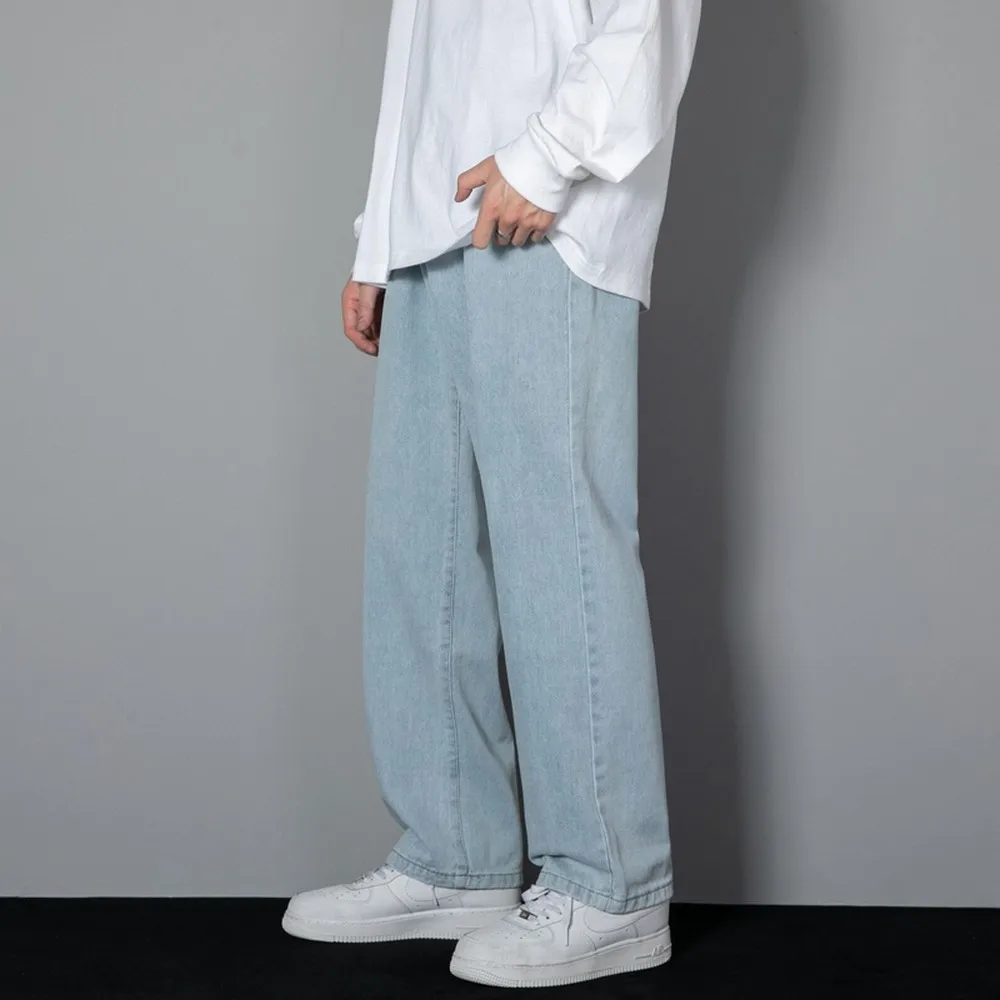 Korean Solid Colors Men's Casual Long Jeans Classic Man Four Seasons Straight Denim Wide-leg Pants Light Blue Grey Black 3XL thumbnail 2