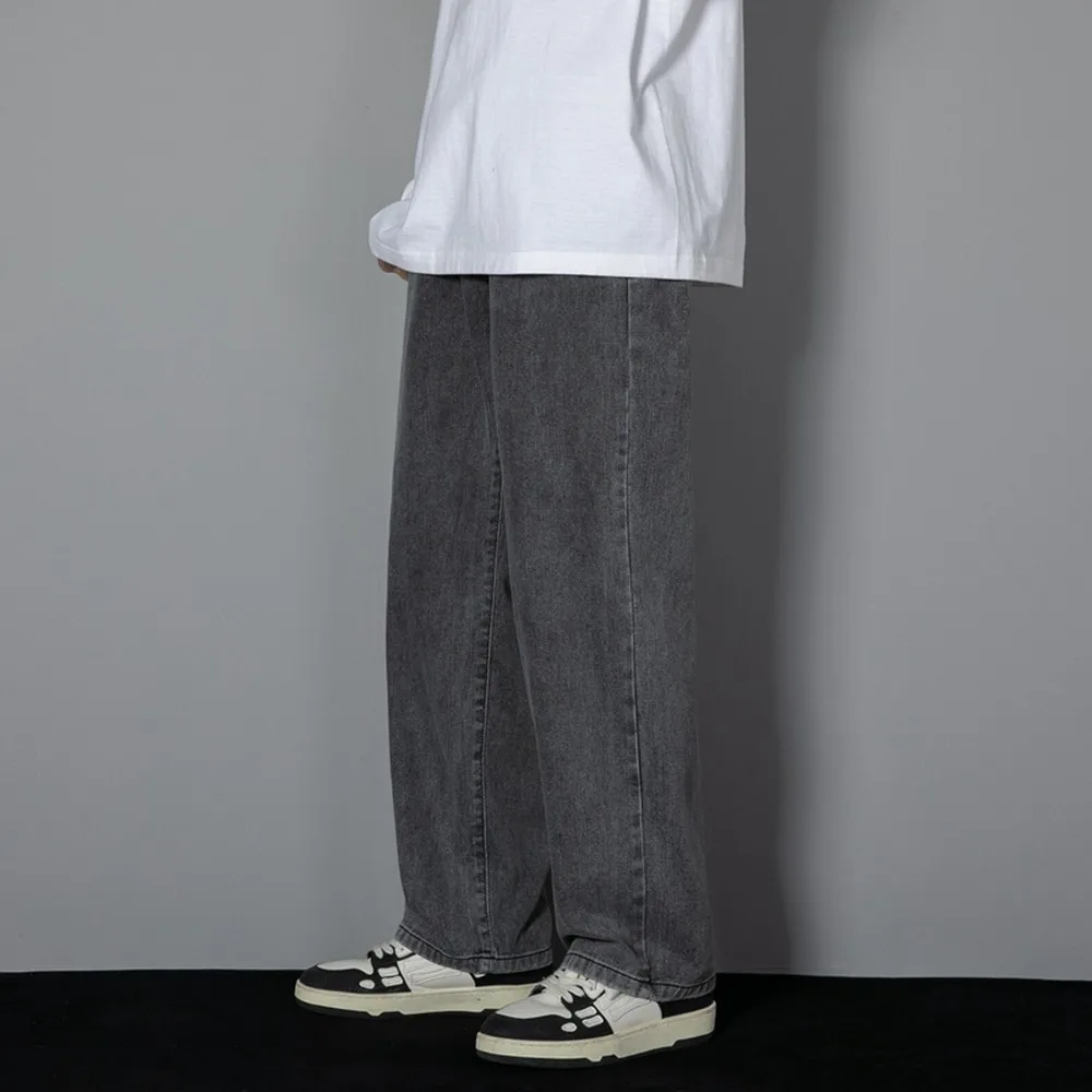 Korean Solid Colors Men's Casual Long Jeans Classic Man Four Seasons Straight Denim Wide-leg Pants Light Blue Grey Black 3XL thumbnail 3