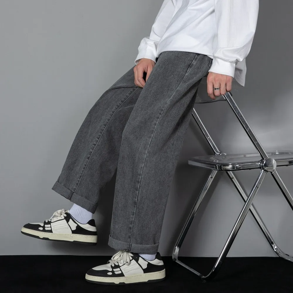 Korean Solid Colors Men's Casual Long Jeans Classic Man Four Seasons Straight Denim Wide-leg Pants Light Blue Grey Black 3XL thumbnail 5
