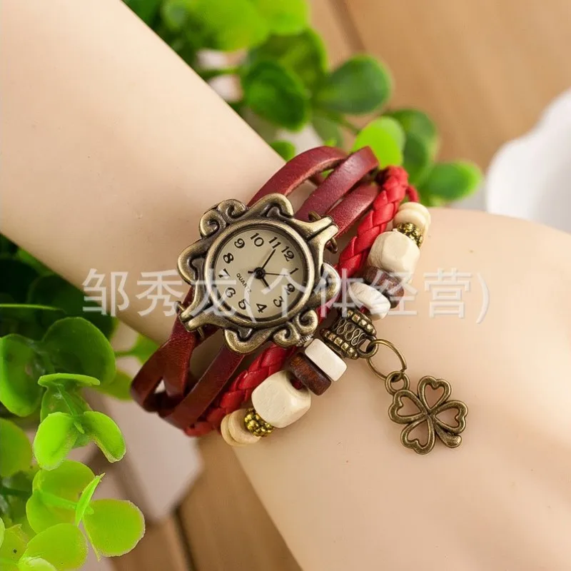 Jewelry Fashion Women's Watch Wholesale Vintage Leather Bracelet Bracelet Watch Butterfly Clover Pendant Quartz Watch thumbnail 4