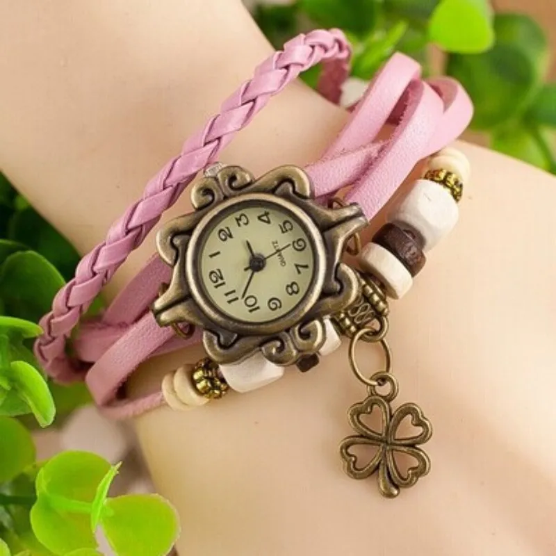 Jewelry Fashion Women's Watch Wholesale Vintage Leather Bracelet Bracelet Watch Butterfly Clover Pendant Quartz Watch thumbnail 2