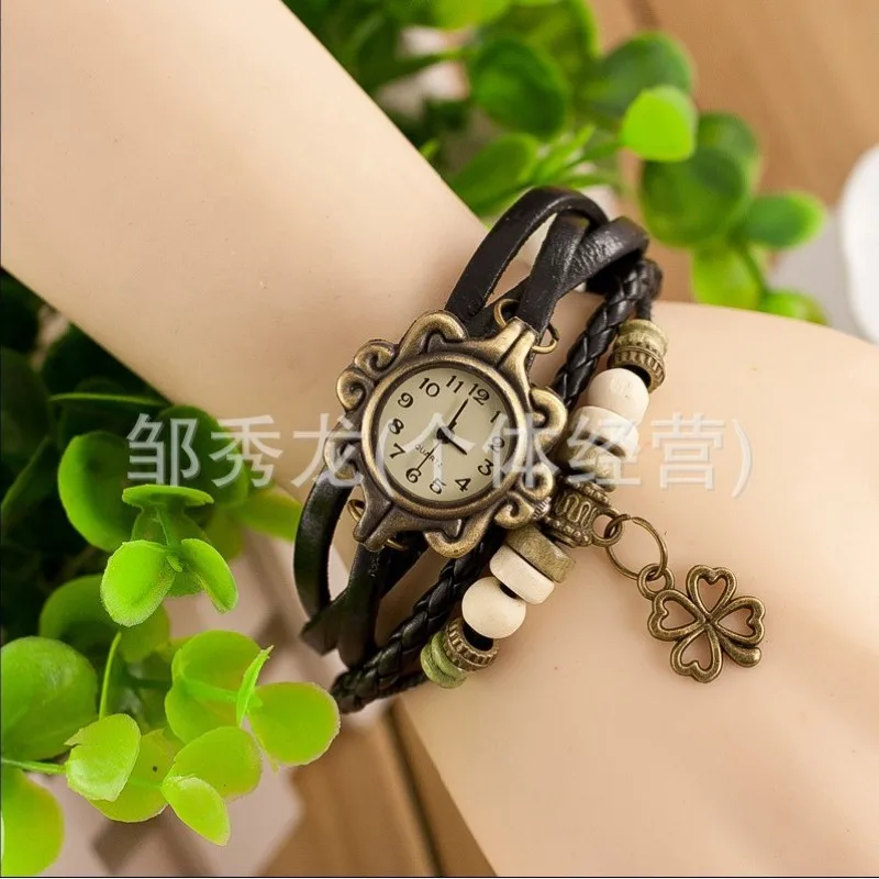 Jewelry Fashion Women's Watch Wholesale Vintage Leather Bracelet Bracelet Watch Butterfly Clover Pendant Quartz Watch thumbnail 3