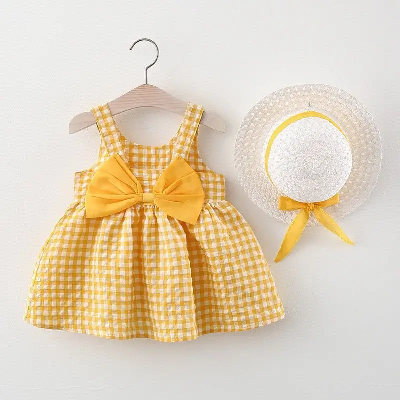2Pcs/Set Baby Girl Plaid Sweet Bow Summer Birthday Party Dress Toddler Kids Outfits 0 To 3 Years Children Clothes Suit + Hat thumbnail 2
