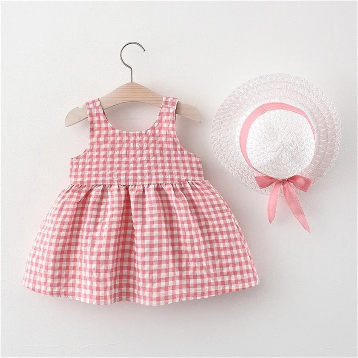 2Pcs/Set Baby Girl Plaid Sweet Bow Summer Birthday Party Dress Toddler Kids Outfits 0 To 3 Years Children Clothes Suit + Hat thumbnail 4