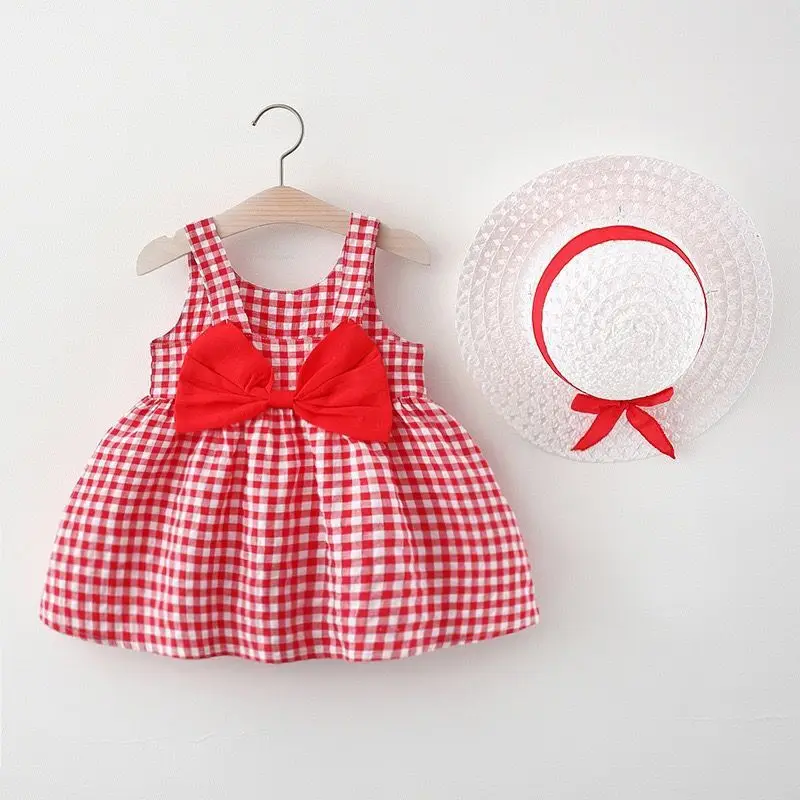2Pcs/Set Baby Girl Plaid Sweet Bow Summer Birthday Party Dress Toddler Kids Outfits 0 To 3 Years Children Clothes Suit + Hat thumbnail 3