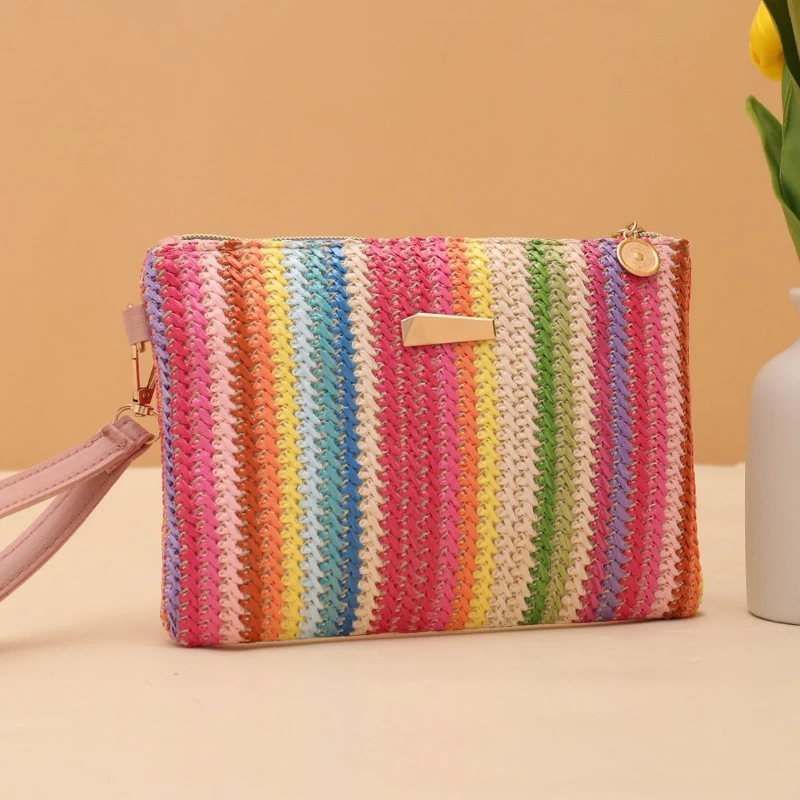 Rattan Knitting Women Straw Bags Fashion Colorful Summer Beach Clutch Bag Female Woven Wristlet Bag Wallet Money Coin Purse thumbnail 3