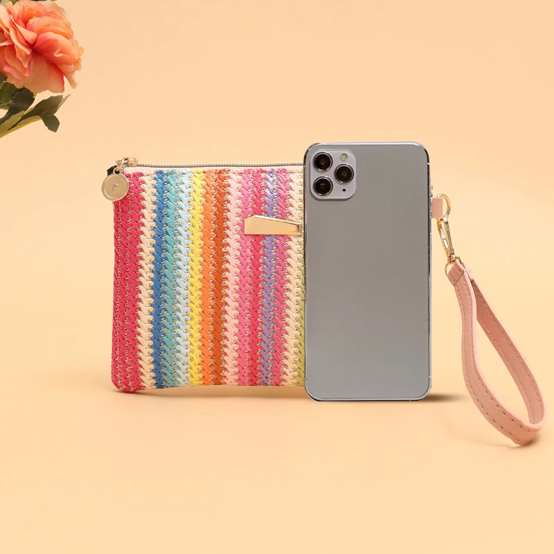 Rattan Knitting Women Straw Bags Fashion Colorful Summer Beach Clutch Bag Female Woven Wristlet Bag Wallet Money Coin Purse thumbnail 5