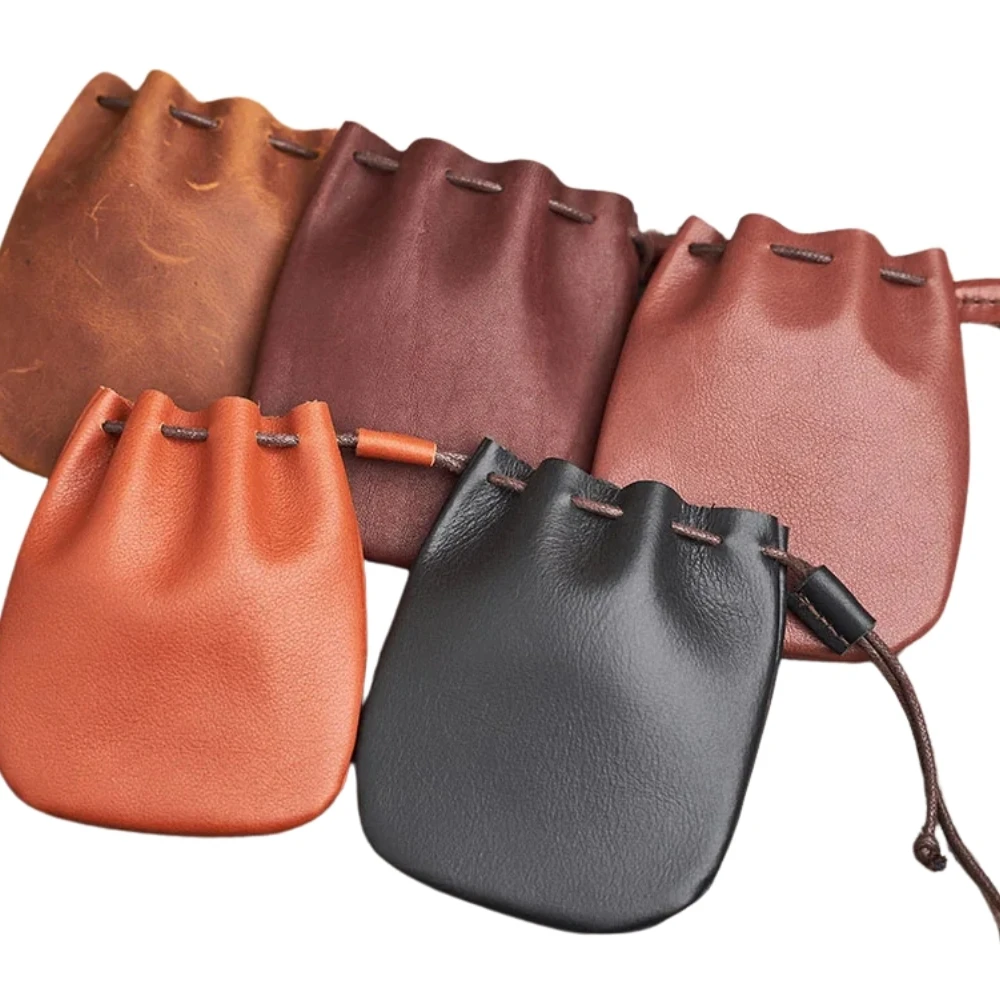 Genuine Leather Coin Purse Men Women Vintage Small Coin Wallet Hard Leather Money Pocket Drawstring Storage Bag thumbnail 5