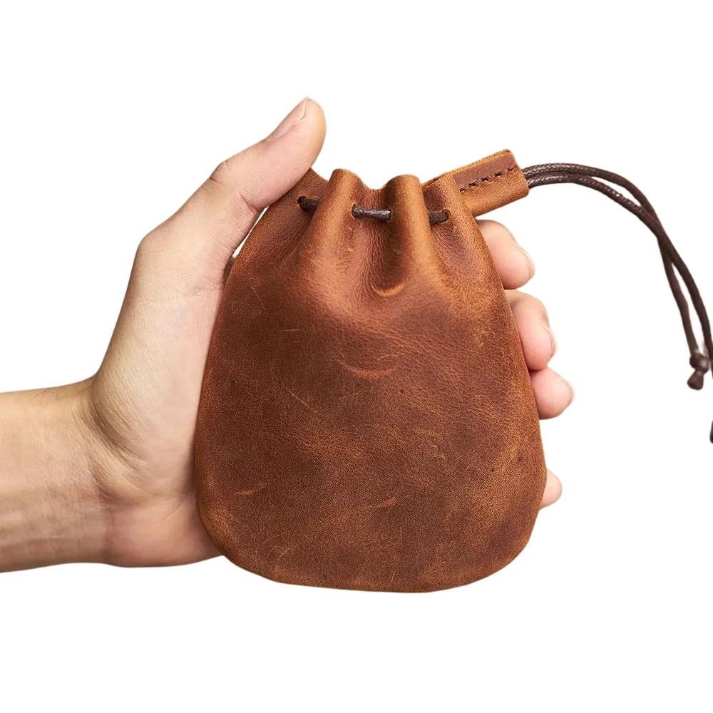 Genuine Leather Coin Purse Men Women Vintage Small Coin Wallet Hard Leather Money Pocket Drawstring Storage Bag thumbnail 2