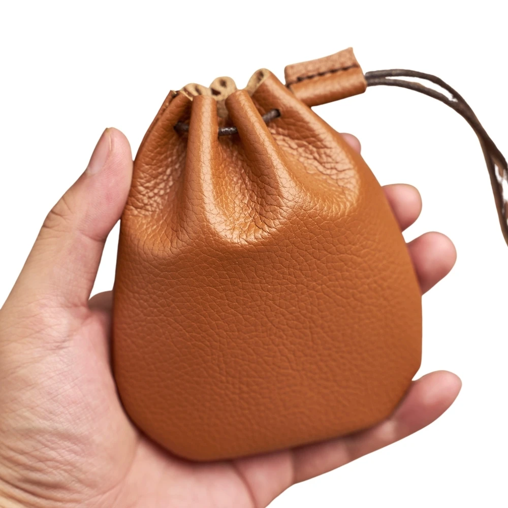 Genuine Leather Coin Purse Men Women Vintage Small Coin Wallet Hard Leather Money Pocket Drawstring Storage Bag thumbnail 3