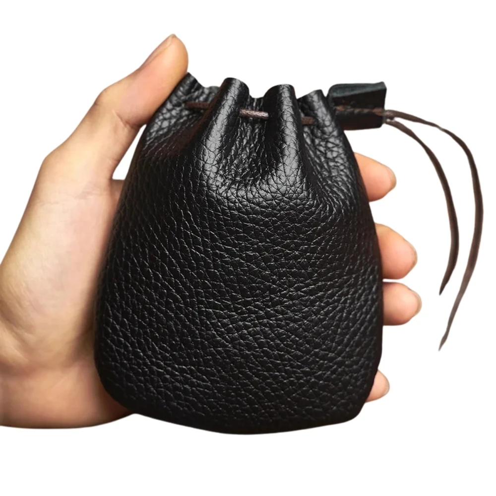Genuine Leather Coin Purse Men Women Vintage Small Coin Wallet Hard Leather Money Pocket Drawstring Storage Bag thumbnail 6