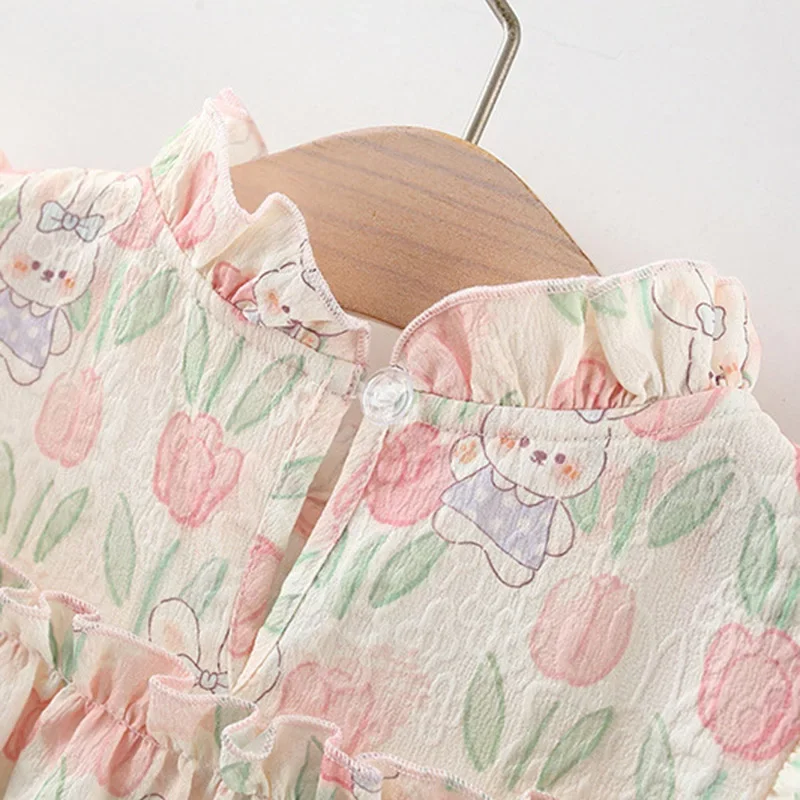Summer Hardwear Girl Dress Tulip Cartoon Rabbit Print Small Flying Sleeves Flower Neck Bow Ribbon Tulip Flower Pattern thumbnail 6