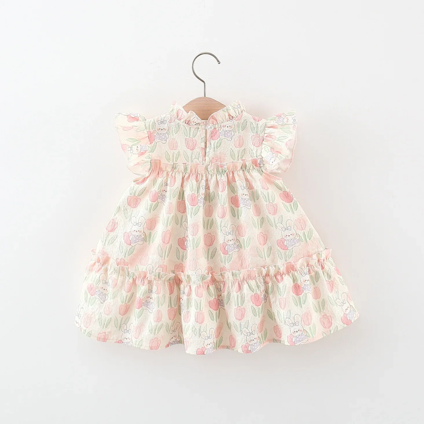 Summer Hardwear Girl Dress Tulip Cartoon Rabbit Print Small Flying Sleeves Flower Neck Bow Ribbon Tulip Flower Pattern thumbnail 2