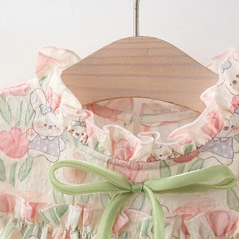 Summer Hardwear Girl Dress Tulip Cartoon Rabbit Print Small Flying Sleeves Flower Neck Bow Ribbon Tulip Flower Pattern thumbnail 3