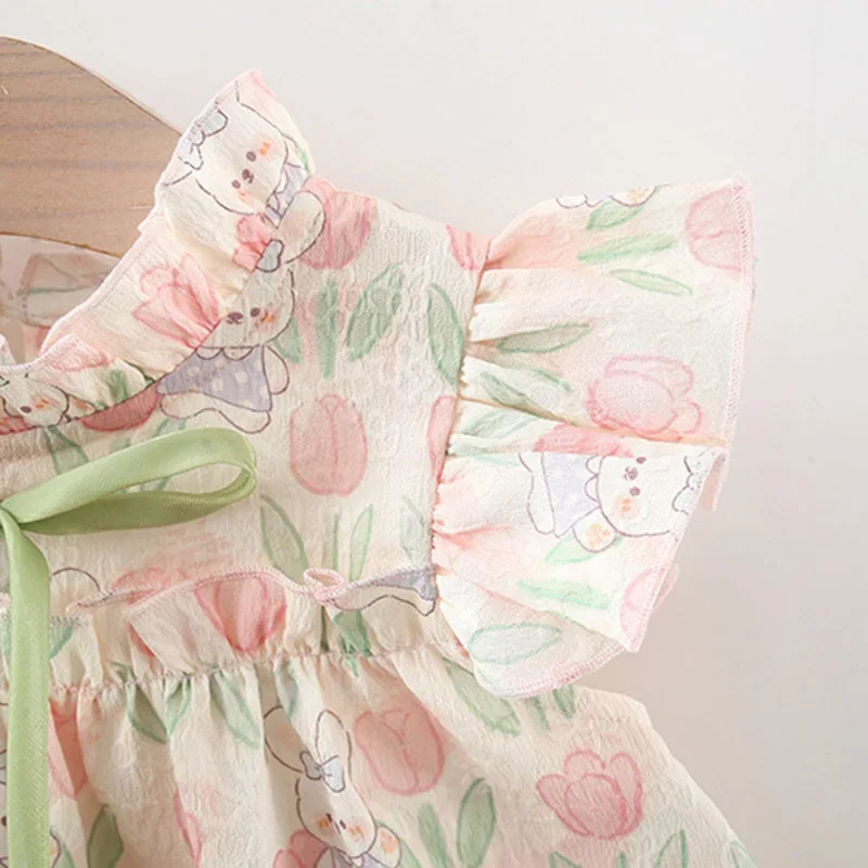 Summer Hardwear Girl Dress Tulip Cartoon Rabbit Print Small Flying Sleeves Flower Neck Bow Ribbon Tulip Flower Pattern thumbnail 4