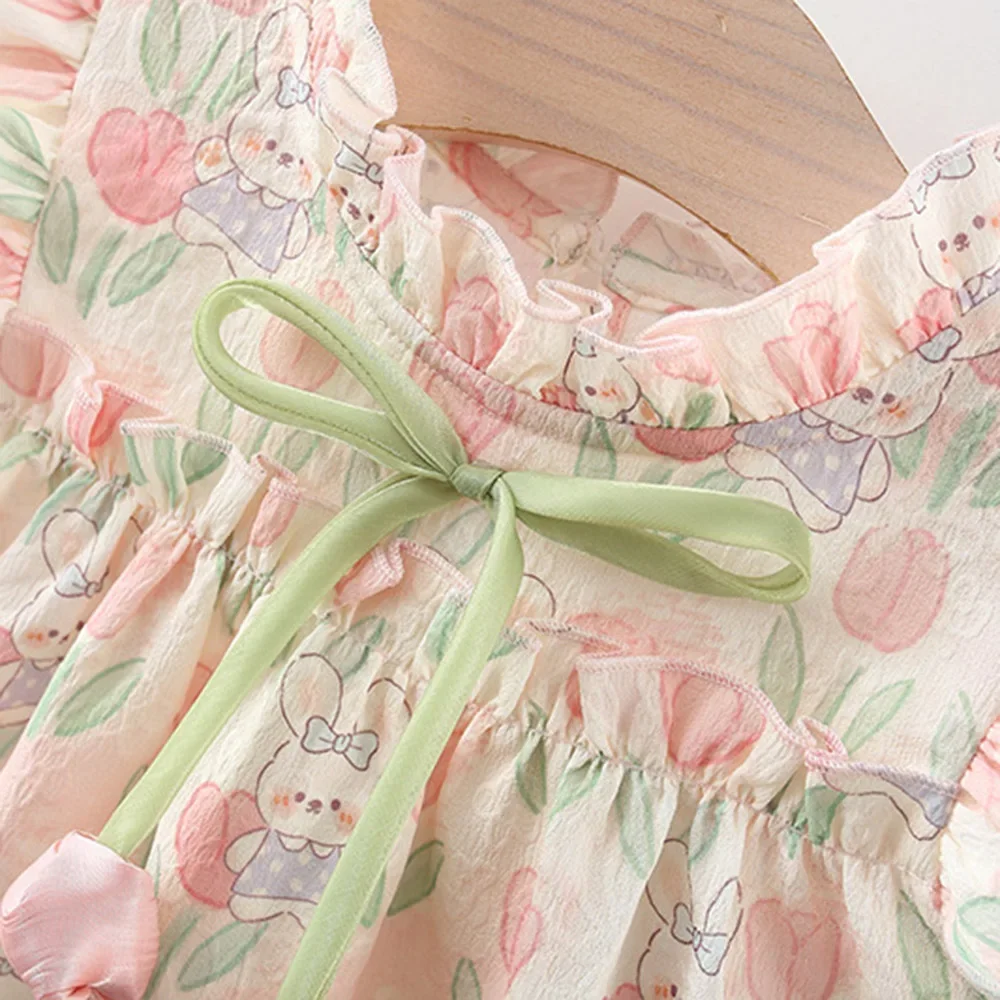 Summer Hardwear Girl Dress Tulip Cartoon Rabbit Print Small Flying Sleeves Flower Neck Bow Ribbon Tulip Flower Pattern thumbnail 5