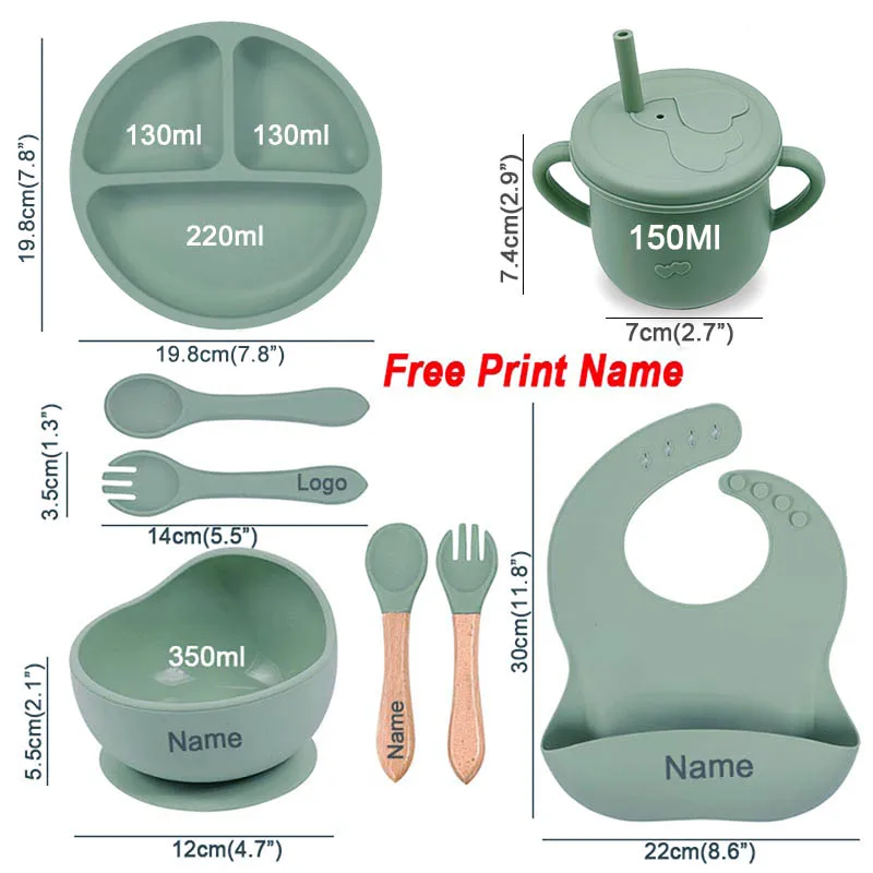 8Pcs Silicone Tableware Set Personalized Name Logo Baby Feeding Set Spoon Fork Suction Cup Bowl Silicone Dinner Plate For Kids thumbnail 2