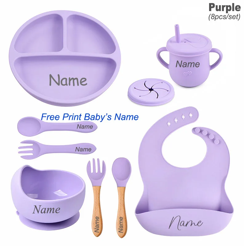 8Pcs Silicone Tableware Set Personalized Name Logo Baby Feeding Set Spoon Fork Suction Cup Bowl Silicone Dinner Plate For Kids thumbnail 4
