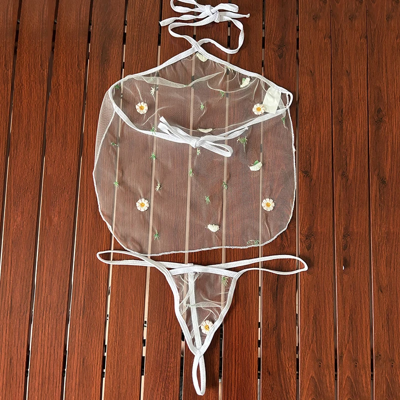 Embroidery Floral Sleepwear For Women Transparent Lingerie Underwear See Through Halter Bra And Thongs Hollow Dress Sexy Costume thumbnail 6