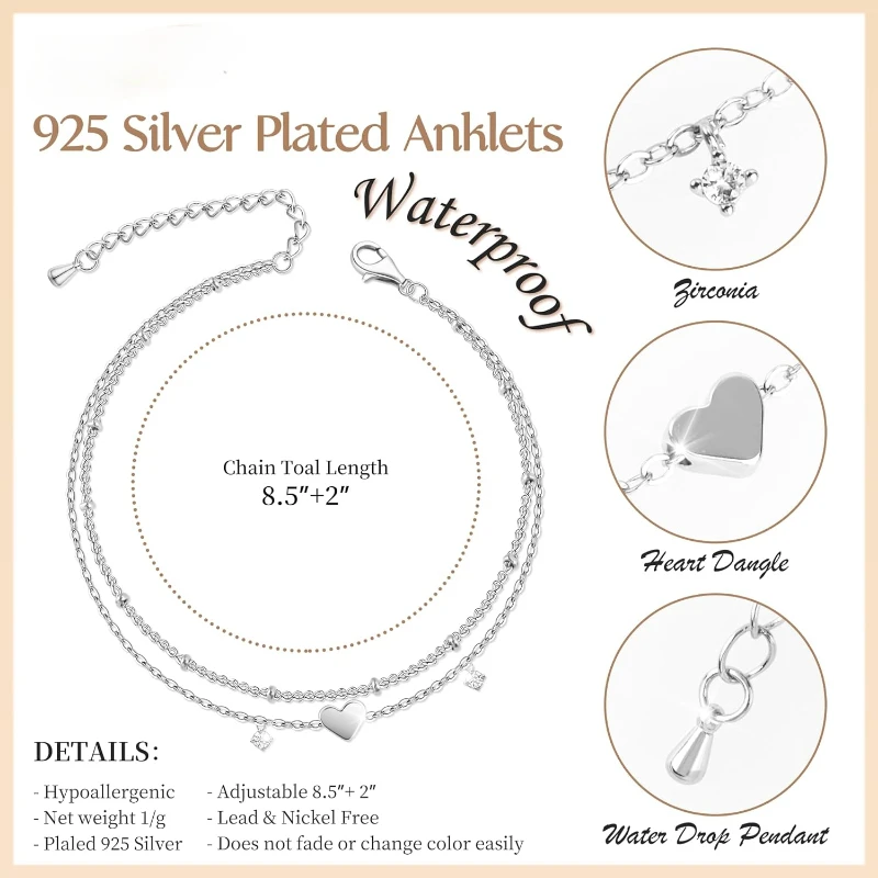 925 Sliver Plated CZ Anklet Bracelets for Women Girl Trendy New Waterproof Heart Charm Dainty Layer Chain Anklets Jewelry Gifts thumbnail 2