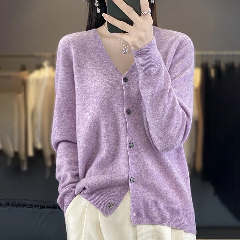 New Fashion Spring Autumn 100% Merino Wool Women's V-neck Cardigan Cashmere Sweater 2024 Female Knitwear Clothing Korean Tops thumbnail 6
