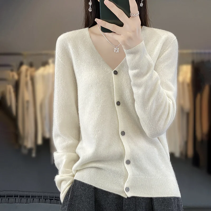 New Fashion Spring Autumn 100% Merino Wool Women's V-neck Cardigan Cashmere Sweater 2024 Female Knitwear Clothing Korean Tops thumbnail 4