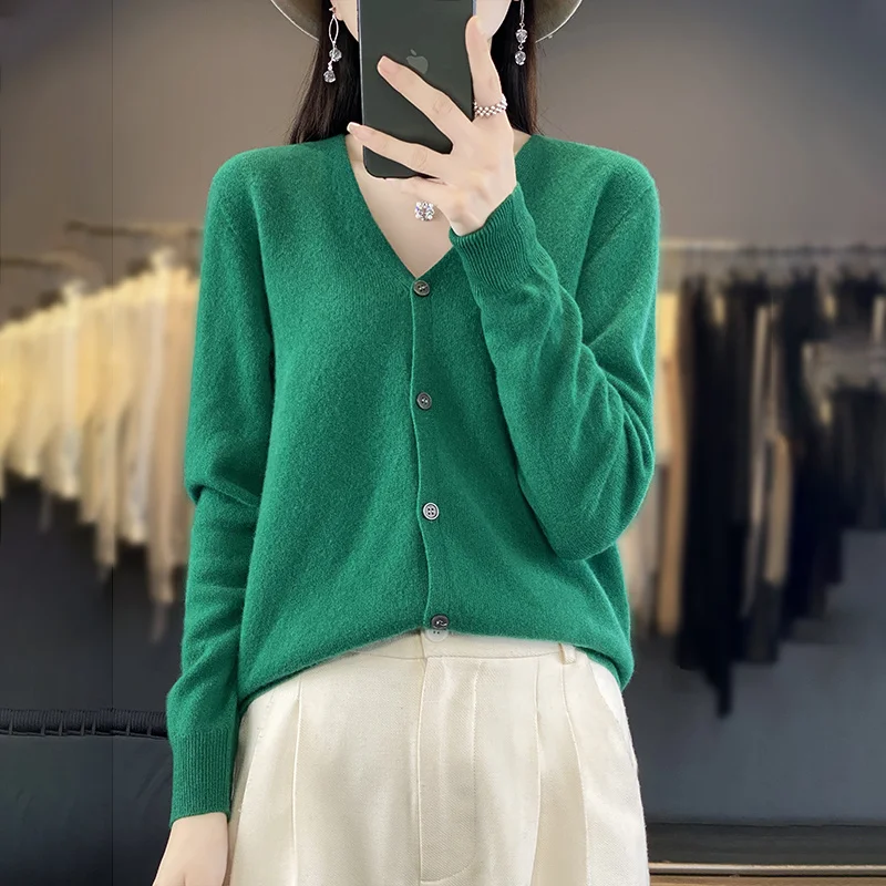 New Fashion Spring Autumn 100% Merino Wool Women's V-neck Cardigan Cashmere Sweater 2024 Female Knitwear Clothing Korean Tops thumbnail 3