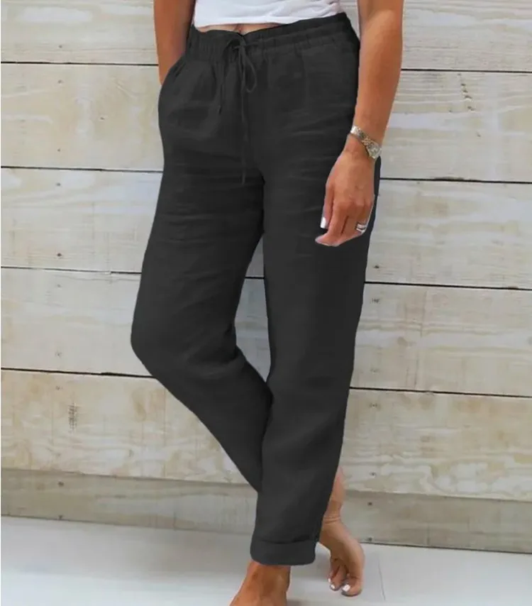 Cotton Linen Summer Pants for Women High Waist Elastic Casual Trousers Streetwear Solid Female Clothes 2026 Loose Pencil Pants thumbnail 3