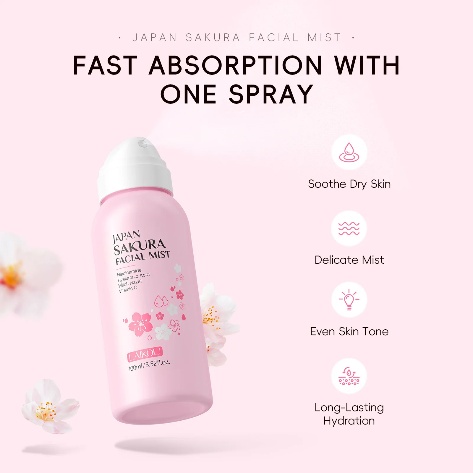LAIKOU Sakura Toner Hydrating Moisturize Gentle Repair Brightening Skin Improve Glow Serum Toner Spray 100ml thumbnail 4