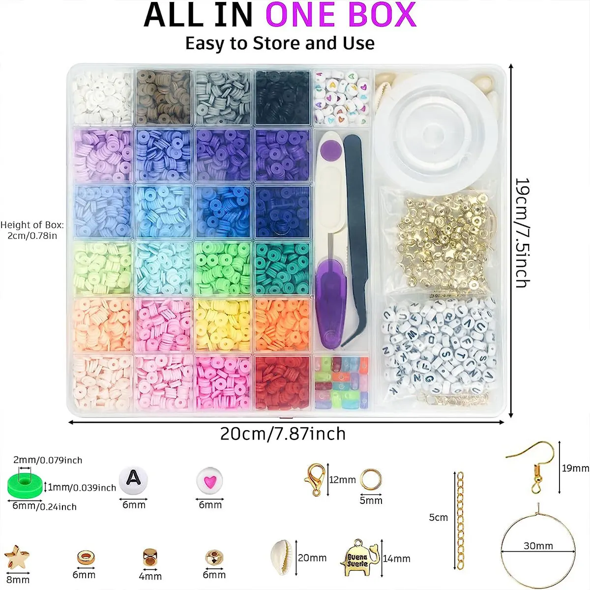 6000 Pcs 24 Colors Flat Round Polymer Clay Beads 6mm Spacer with Pendant Charms Kit and Elastic Strings for Jewelry Making Kit thumbnail 3