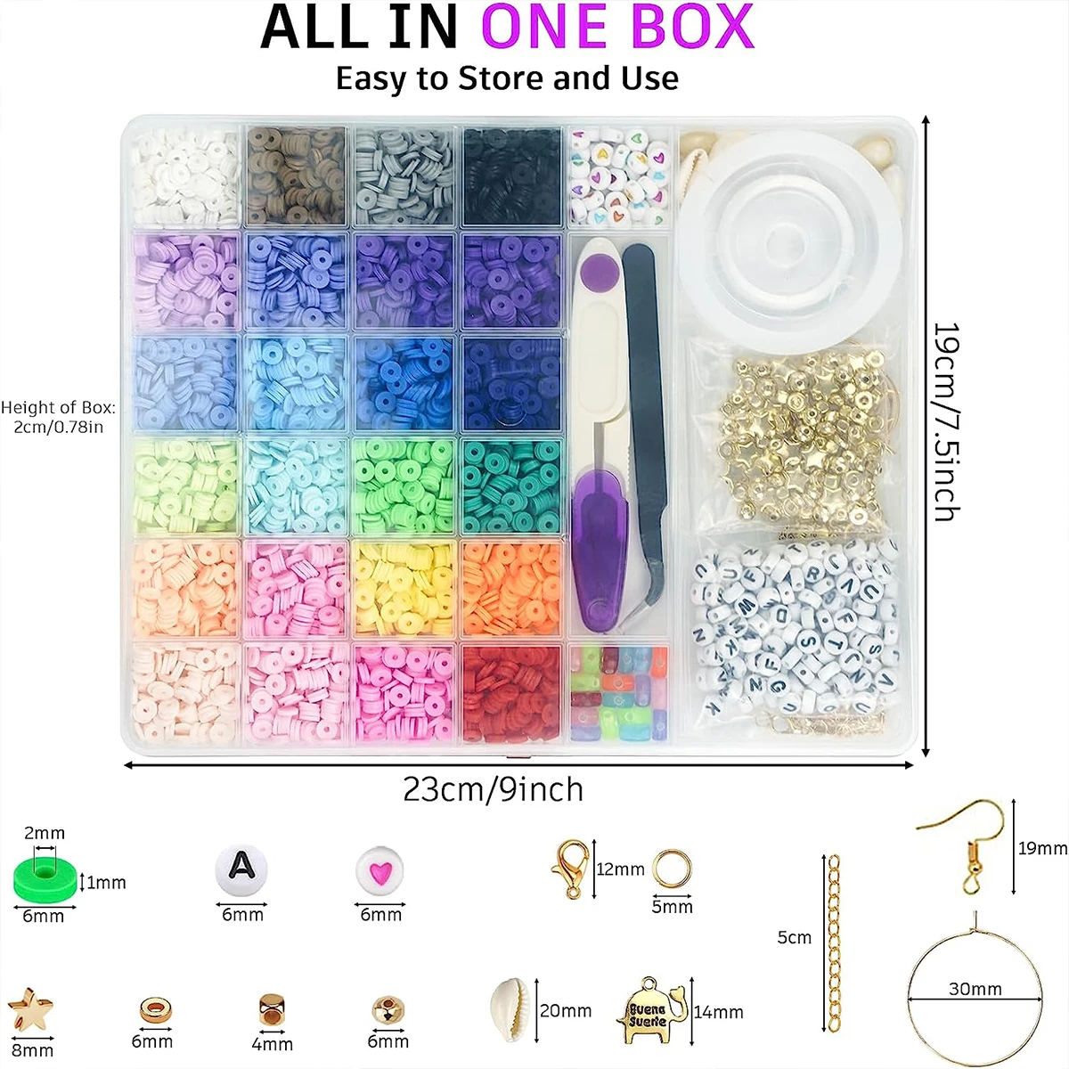 6000 Pcs 24 Colors Flat Round Polymer Clay Beads 6mm Spacer with Pendant Charms Kit and Elastic Strings for Jewelry Making Kit thumbnail 2