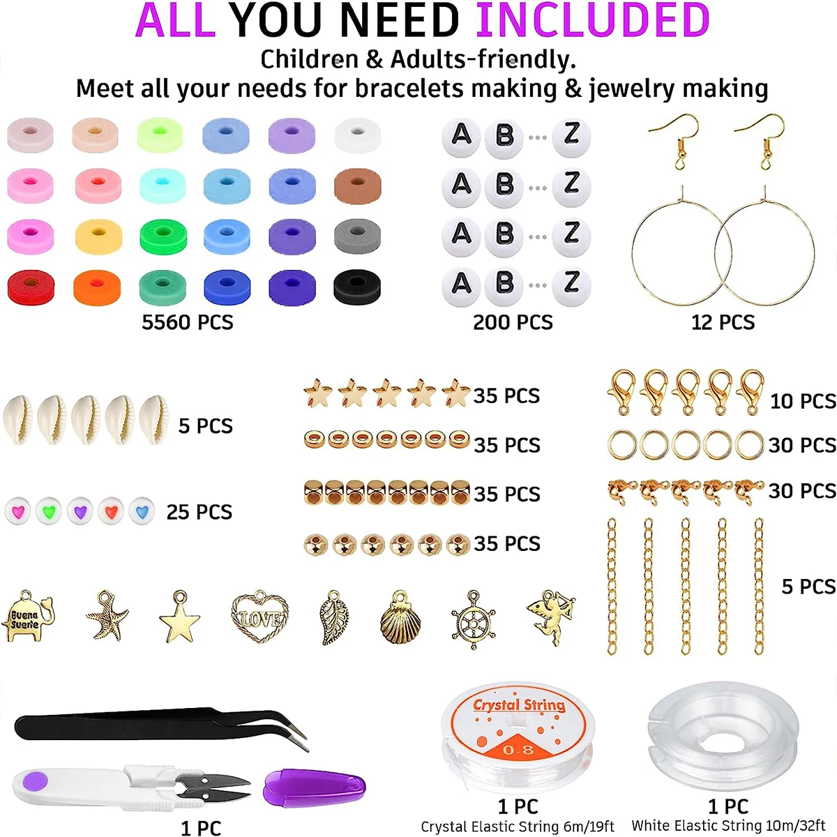 6000 Pcs 24 Colors Flat Round Polymer Clay Beads 6mm Spacer with Pendant Charms Kit and Elastic Strings for Jewelry Making Kit thumbnail 5