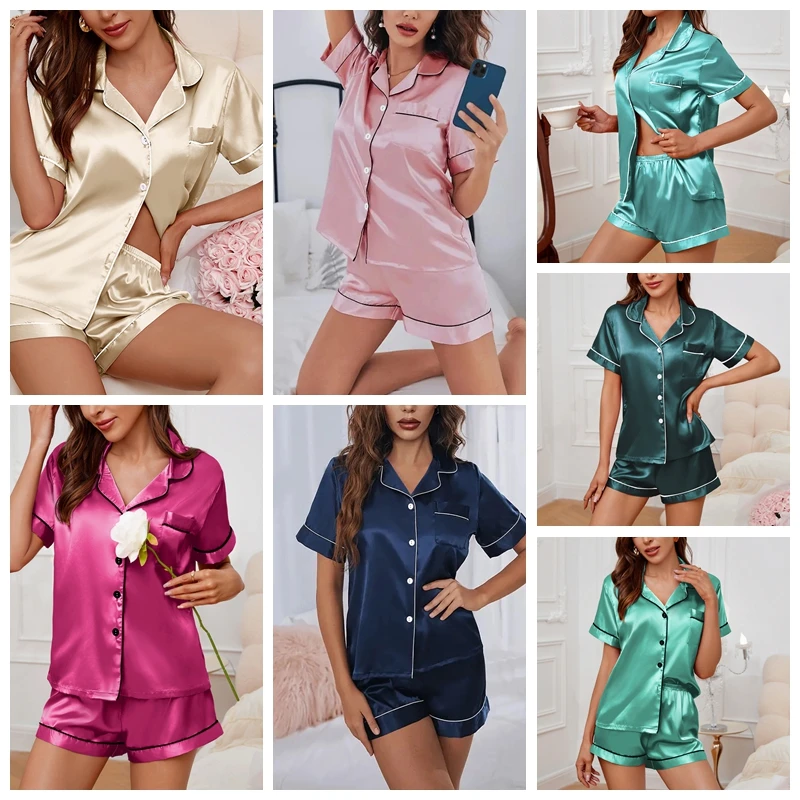 Womens Satin Pajamas Set Luxurious Short Sleeve Turn-down collar Button Top & Shorts Sleepwear & Loungewear for Summer Nightwear thumbnail 5