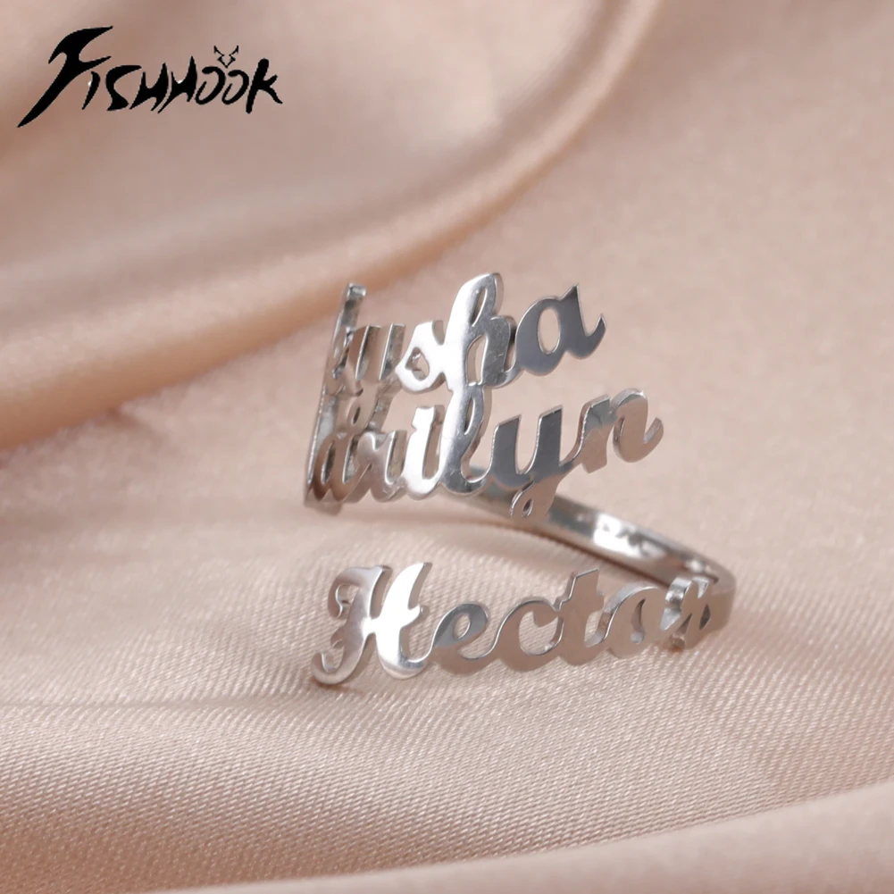 Custom Double First Name Finger Ring For Women Men Personalized Couple Family Gift Gold Color Stainless Steel Metal Jewelry thumbnail 2