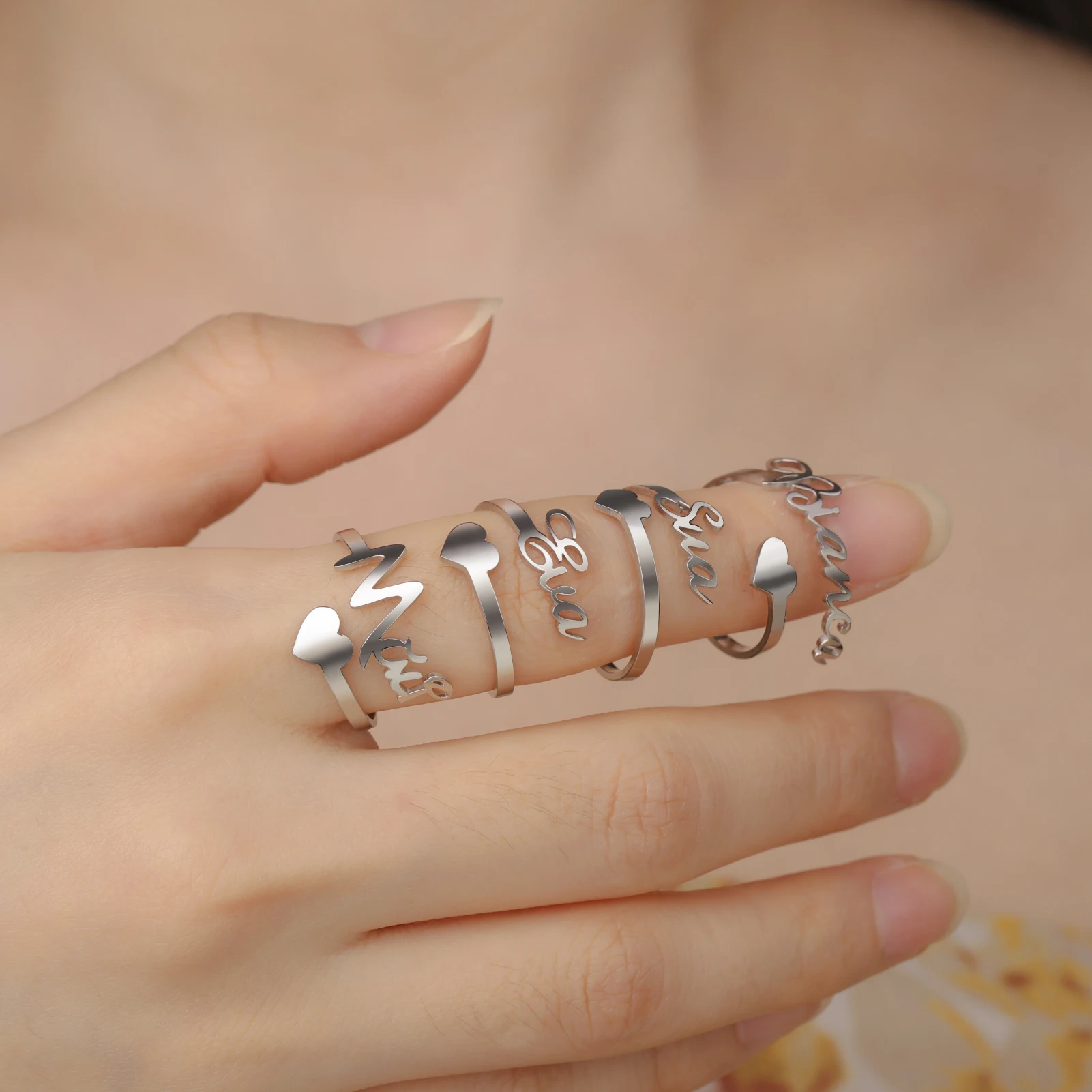 Custom Double First Name Finger Ring For Women Men Personalized Couple Family Gift Gold Color Stainless Steel Metal Jewelry thumbnail 3