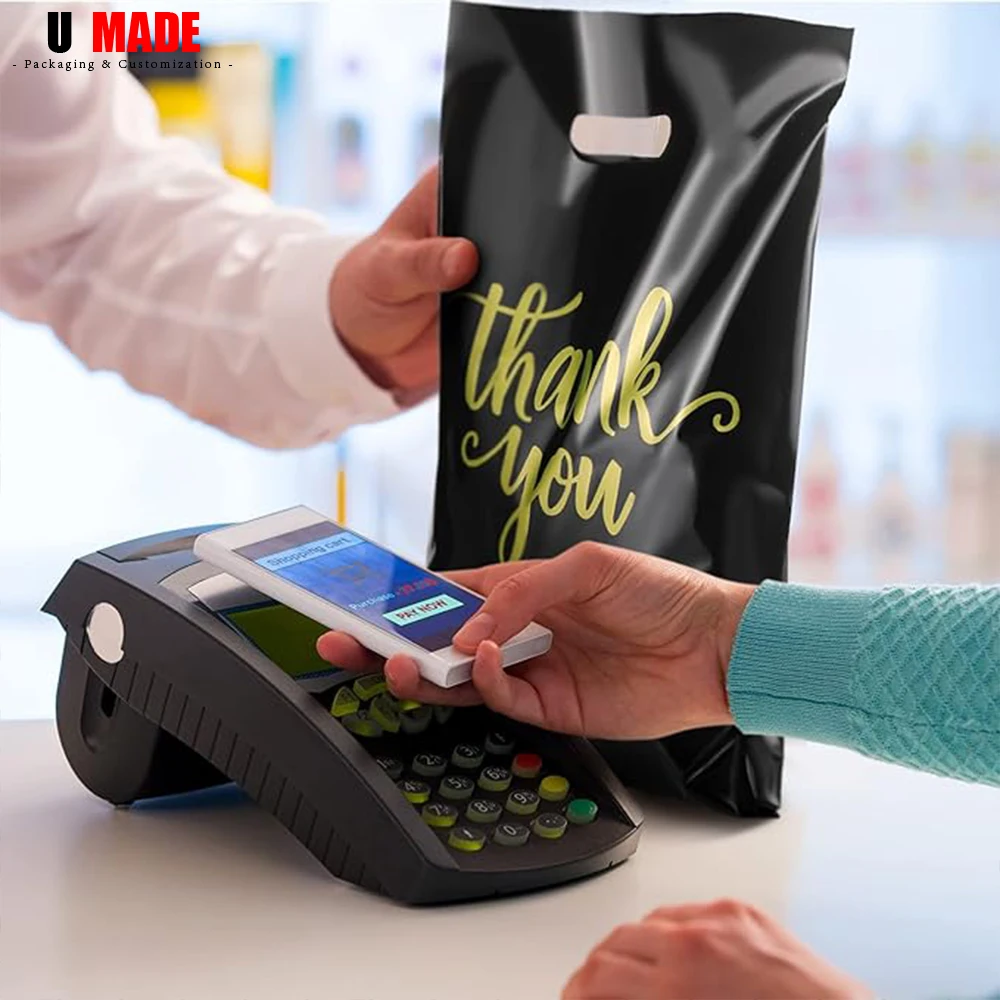 100pcs Custom Plastic Shopping Bags with Logo Personalized Gift Bags for Small Business Boutique Retail Trade Shows Events Party thumbnail 5