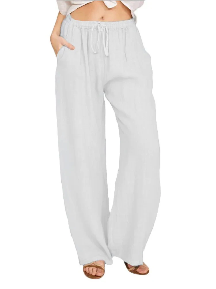 Summer and Autumn Women Cotton Linen Pants Solid Casual Elastic Waist Pockets Wide Leg Trousers Fashion Ladies Straight Pants thumbnail 5